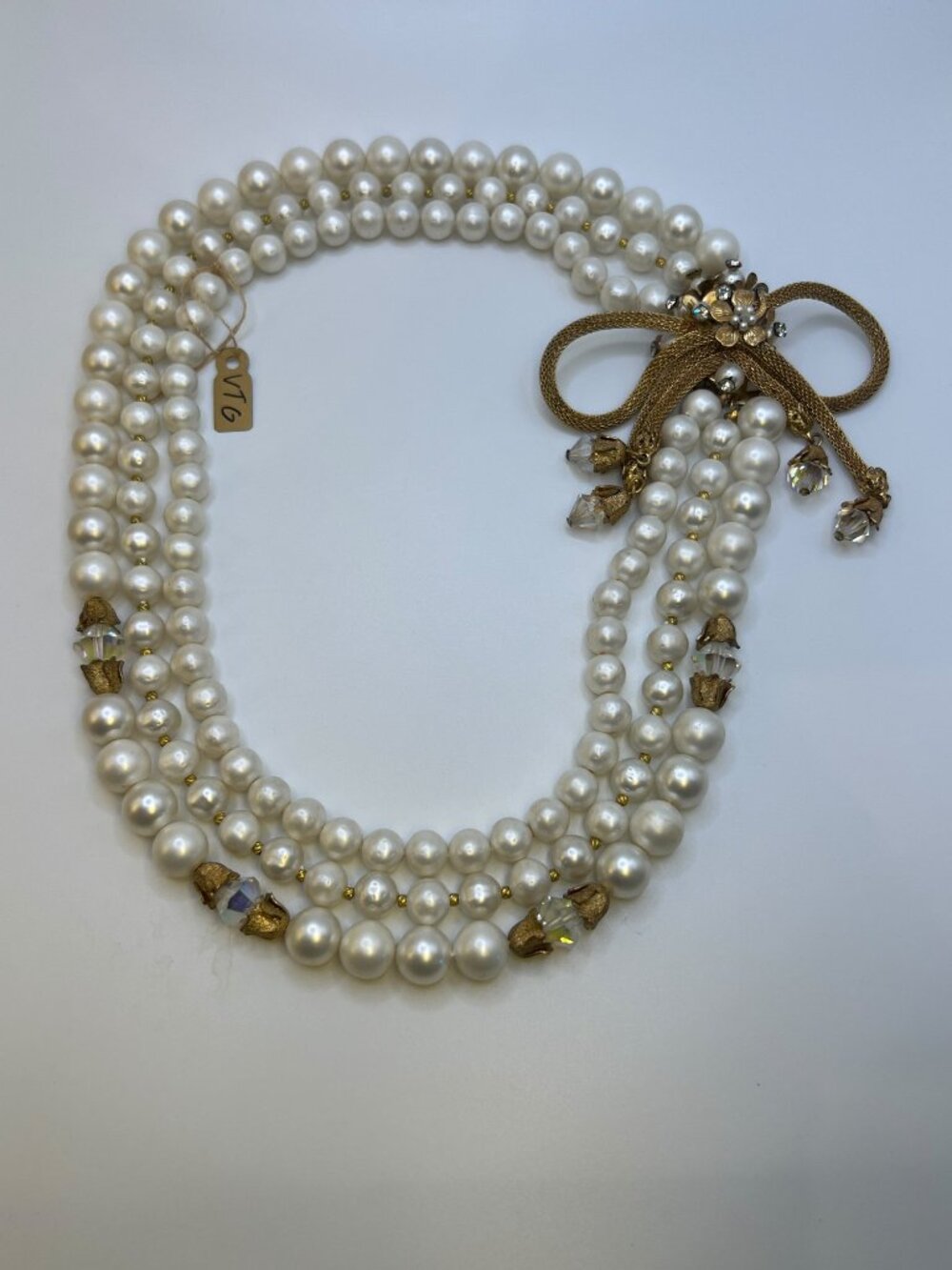 Vintage Miriam Haskell-Style Triple-Strand Pearl & Crystal Bow Necklace